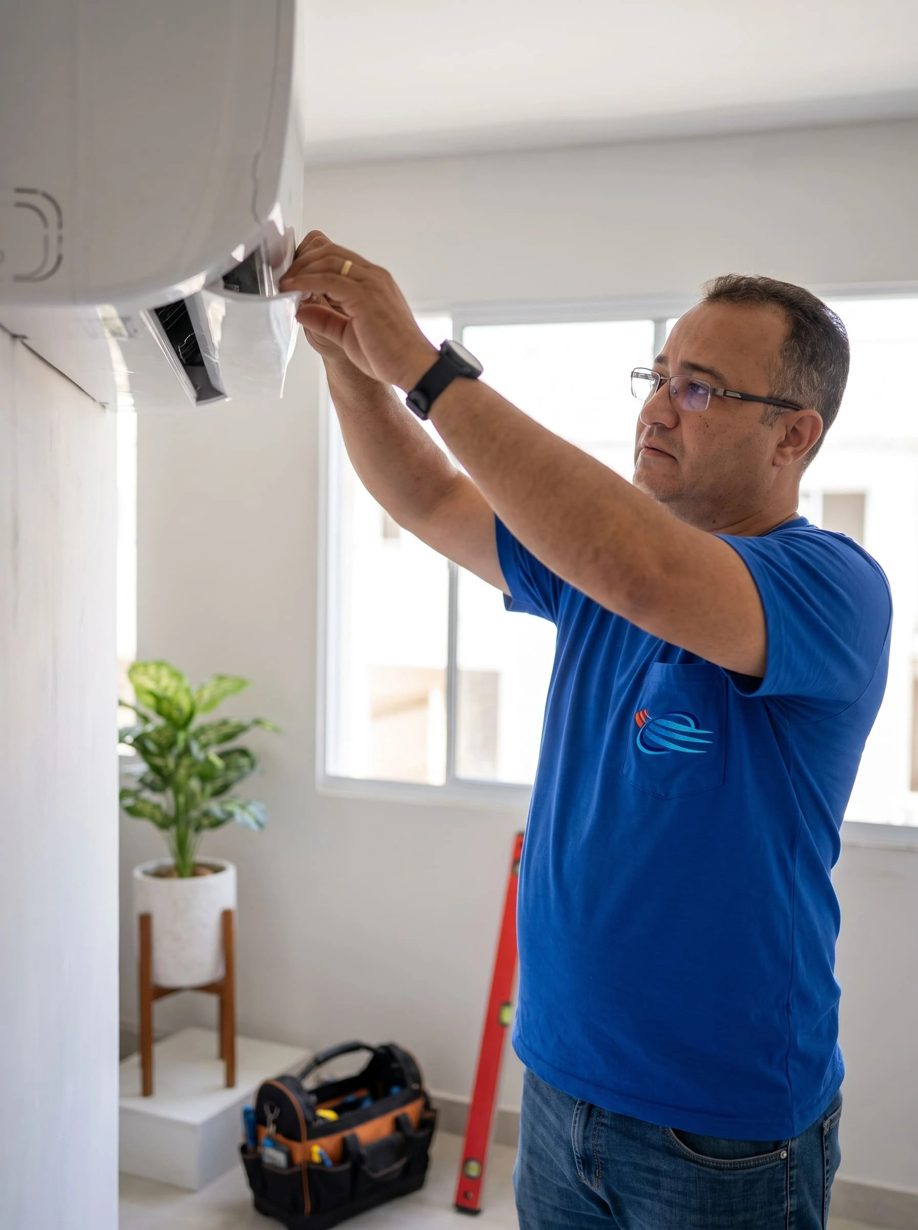 Técnico da MDA Refrigeração realizando instalação de ar-condicionado
